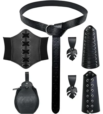 Immagine prodotto di Set di accessori medievali da donna composto da 5 pezzi: corpetto, cintura, bracciali protettivi, marsupio da cintura e fermaglio per abiti, colore nero