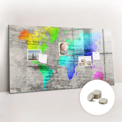 Produktbild von Magnetische Wandtafel aus Glas – Memotafel mit gebogener Vorderseite – Enthält 5 Magnete – 120x60 cm – Weltkarte
