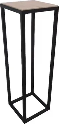 A tall, narrow, rectangular stand with a black metal frame and a light-colored wooden top.
