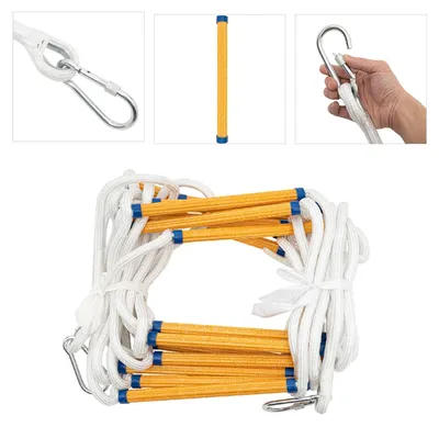 Immagine prodotto di Corda di salvataggio per vigili del fuoco - Scala di emergenza per evacuazione, 10 metri - Capacità di carico 200 kg - 2 ganci - Corda da 18 mm - Materiale: plastica PP e acciaio al manganese - Da appendere