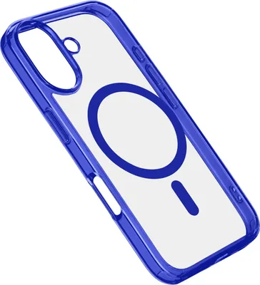 A clear product shot of a blue and transparent phone case with a magnetic ring on a white background.
