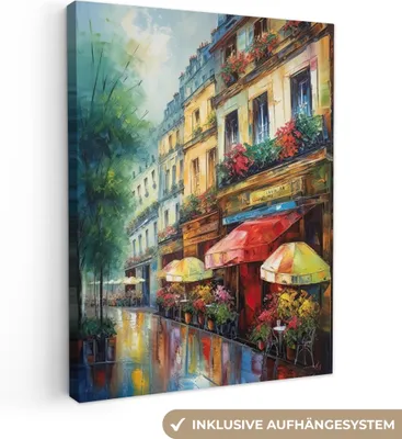 Produktbild von MuchoWow® - Leinwandbilder - Straße - Ölgemälde - Farbenfroh - Stadt, Wandbild, Wanddeko Bilder Wohnzimmer, 60x80 cm