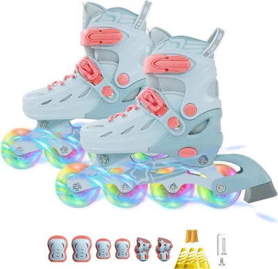 Produktbild von Inliner Skates für Kinder, Verstellbare 5 Größen Inline Rollschuhe Quad mit Leuchtenden Rädern für Mädchen Jungen,Hellblau/Orange,S:27-32 EU