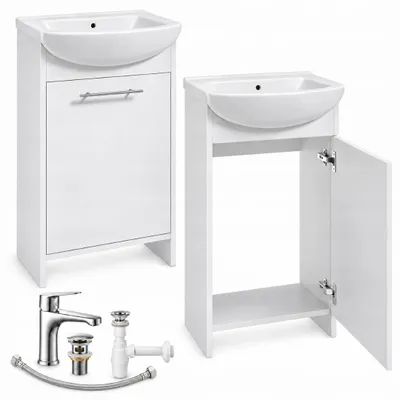 Produktbild von Badezimmermöbel-Set mit Keramik-Waschbecken und Armatur, Unterschrank, Weiß/Chrom, 50 x 84 cm