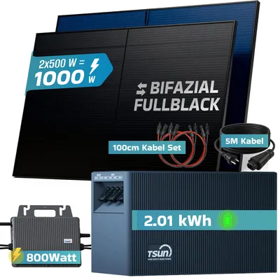 Produktbild von SUNNIVA® 1000W Balkonkraftwerk mit 2,01 kWh Speicher TSUN TSOL-DCU2000Lite, 2x 500W BIFAZIAL FULLBLACK komplett Steckdose, Solaranlage + Solarspeicher