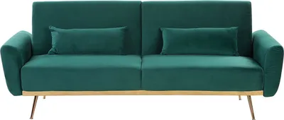 Produktbild von BELIANI 3-Sitzer Sofa Smaragdgrün Samt mit Schlaffunktion 2 Dekokissen Hohe Schlanke Metallbeine Schmale Armlehnen Retro Design Wohnzimmer Schlafsofa