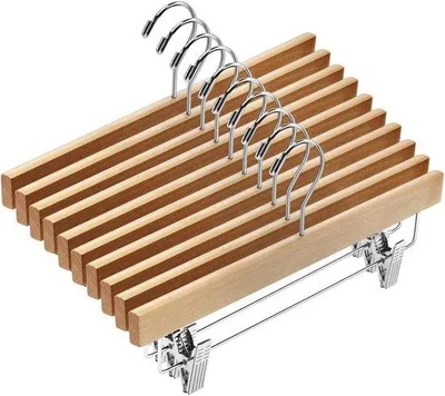 Produktbild von Hosenbügel aus Holz mit verstellbaren Clips - 20 Stück - 36 cm - Antirutsch und 360° drehbarer Haken