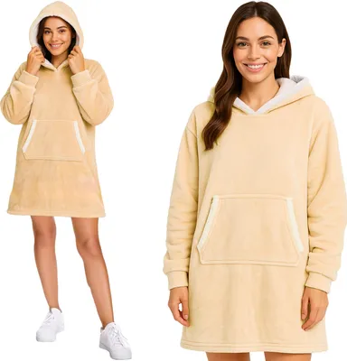 Obrázek produktu pro Ruhhy Hoodie Blanket Oversize nositelná příjemná deka s kapucí a klokaní kapsou, šerpová podšívka, teplá a měkká, jedna velikost pro ženy a muže Beige 26146