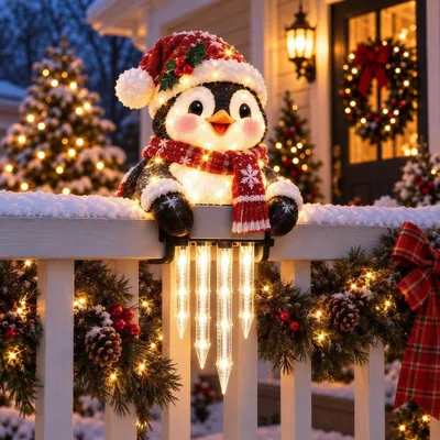 Produktbild von Weihnachtspinguin Solar-Klemmleuchte, warmes Licht, Eiszapfen-Effekt, für Garten, Balkon, Zaun, Nacht-Automatik, wetterfest, Weihnachtsdeko