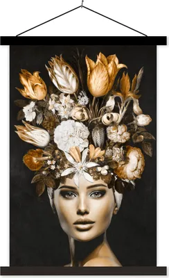 Produktbild von MuchoWow® Textilposter Frau - Blumen - Gold 120x180 cm mit schwarzem Rahmen - Fotos