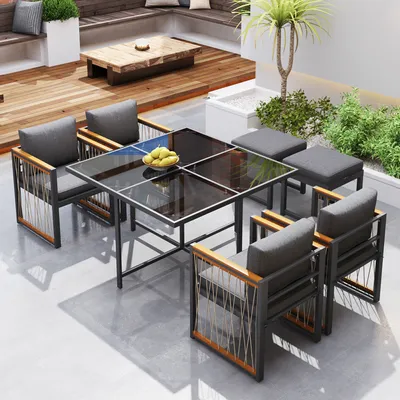 Produktbild von LVHOM 7-tlg. Garten-Essgruppe, Gartenmöbel Set mit Kissen, Gartenlounge-Set Akazie, Sitzgruppe Polyrattan, Loungeset Balkonset für 6 Personen