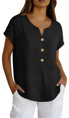 Produktbild von ASKSA Damen Tshirt Musselin Sommer V-Ausschnitt Knopfleiste Leinenbluse Locker Elegant Einfarbig Oberteile Top (Schwarz,L)