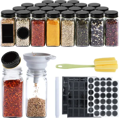 Image de LZQ 24 pcs. Set de bocaux à épices de ménage, 120ml saupoudreur d'épices avec couvercle en aluminium avec entonnoir pliable, autocollants, brosse de nettoyage & stylo marqueur boîtes à épices (Noir)