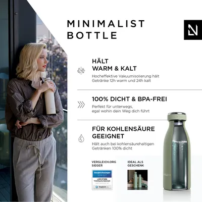 Productafbeelding van LARS NYSØM Drinkfles van roestvrij staal | Geïsoleerde fles, vrij van BPA | Lekdichte waterfles voor sport, fietsen, huisdieren, kinderen, 350ml, kleur: sagegroen