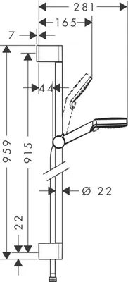 A technical drawing with dimensions of a shower set.
