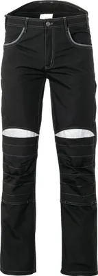 A pair of black work pants with gray stitching and white reflective knee patches, shown front-on against a white background.