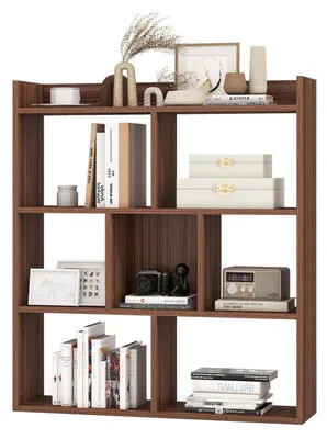 Image de Étagère bibliothèque avec 7 compartiments cubiques, étagère d'angle avec étagères ouvertes, étagère de rangement avec système anti-basculement, séparateur de pièce, en noyer, 80x20x90 cm
