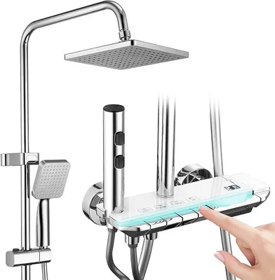 Produktbild von Duscharmatur Komplettset mit Glasablage - Regendusche mit Armatur und Edelstahl, Duscharmatur mit Klavierknopf, 4 Strahlarten mit Wasserfall-Auslauf, Duschgarnitur mit Regendusche Chrom