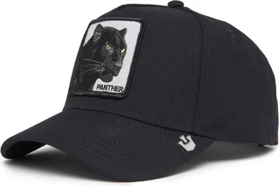 A black baseball cap with a patch of a black panther on the front.