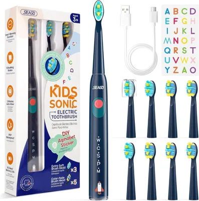 Produktbild von Elektrische Kinderzahnbürste mit 38000 Vibrationen, 5 Modi, 8 Bürstenköpfen, Smart Timer, wiederaufladbar, extra weiche Borsten, bis 60 Tage Akku
