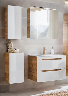 Produktbild von Badmöbel Set mit Keramikwaschtisch LUTON-56 in Hochglanz weiß mit Wotan Eiche Nb., B/H/T ca. 130/200/46 cm