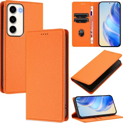 Image de Etui en cuir pour Samsung Galaxy S23, Litschi cuir, étui portefeuille avec fentes pour cartes et support Orange