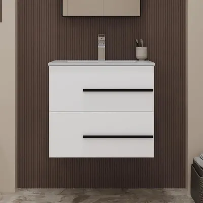 Image de Lavabo avec meuble sous-vasque de 60 cm, blanc brillant, suspendu, avec 2 tiroirs à fermeture douce
