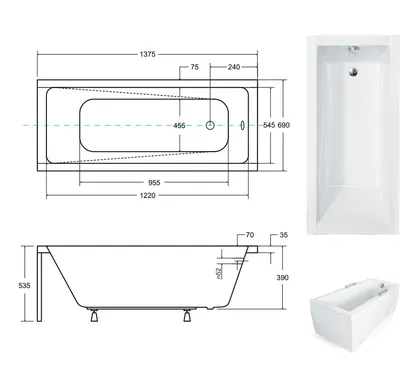 Technical drawings and a photograph of a bathtub.