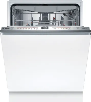 A white Bosch dishwasher with the door open, showing the interior racks and control panel.