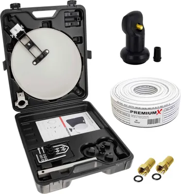 Produktbild von PremiumX mobile Camping SAT Anlage Satellitenschüssel Single LNB 10m Kabel 2x F-Stecker Tischhalter Masthalter Saugfuß im Koffer Camp Zubehör