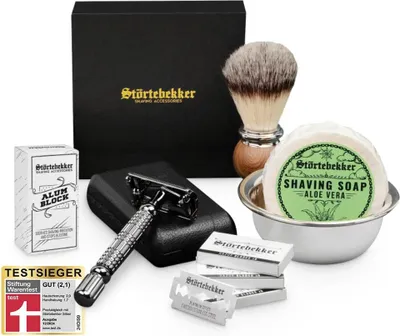 Produktbild von Störtebekker® Premium Rasierset - Rasierhobel Schwarz – inkl. Echtlederetui (Schwarz) - Rasierseife Aloe Vera Duft - Rasurset / Bartpflege Set