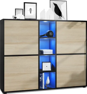 Produktbild von Vladon Highboard Cuba V3, Germany, Schwarz matt/Eiche sägerau inkl. LED - Moderne Anrichte mit 12 Fächern (130,5 x 105,5 x 35,5 cm)