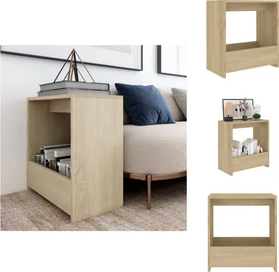 A collage of images showing a wooden side table with shelves, some filled with books and decorative items.