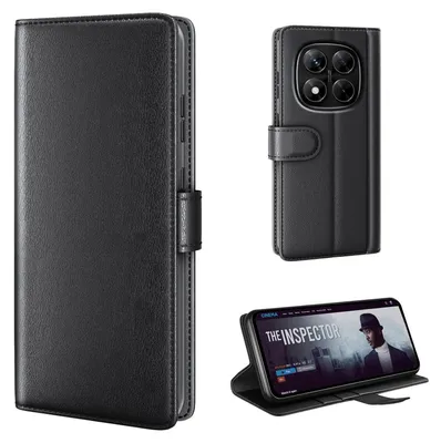 A collage of images showing a black leather flip phone case for a Xiaomi Redmi Note 14 Pro, including a view of the case closed, open with the phone inside, and the phone standing up.