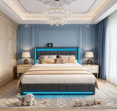 Image de Lit avec tête de lit capitonnée - Lit double 140x190 cm - Tête de lit avec éclairage LED et port USB - Lit avec rangement et 4 tiroirs - Sommier à lattes en bois - Gris