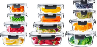 Obrázek produktu pro KADAX | sada 12 skleněných nádob s víčky | sada sklenic 320-1040 ml | vzduchotěsné a nepropustné krabičky na oběd, krabičky na přípravu jídla