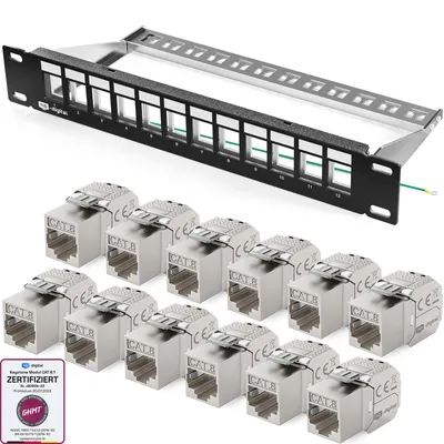 Produktbild von hb-digital Patchpanel 10 Zoll 12 Port CAT 8.1 mit RJ45 Keystone Modulen 1HE Schwarz