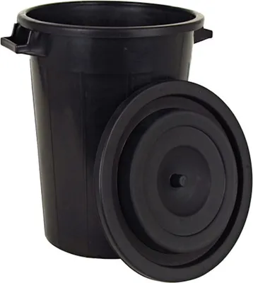 A black trash can with its lid placed next to it, on a white background.