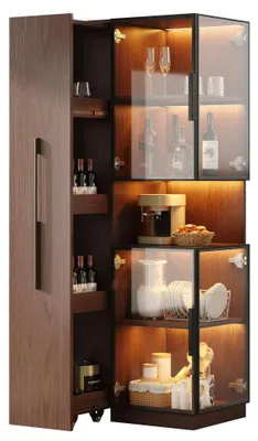 Produktbild von AIORBER Vitrinenschrank 160cm Hoch mit LED & Ausziehregal Glasvitrine Standvitrine für Wohnzimmer Küche Schrank Walnuss-Braun