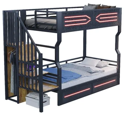 Imagen del producto de Cama alta de 90x200 cm de metal con escalera con espacio de almacenamiento, un pequeño armario y iluminación LED. Cama juvenil con barandilla de seguridad alta, de color