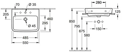 Productafbeelding van Villeroy & Boch O.Novo wastafel met overloop en kraangat, 55x46x17,5 cm, wit