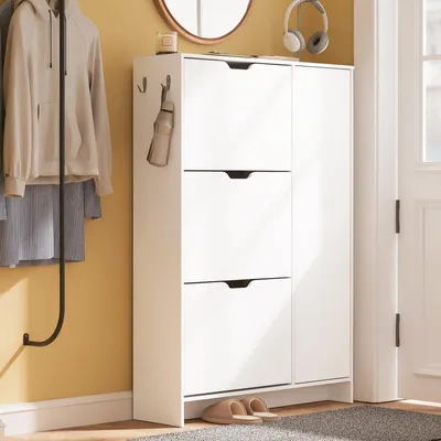 SoBuy Schuhschrank FSR220-W in Weiß, skandinavischem Design mit Haken und Schuhablage im Eingangsbereich