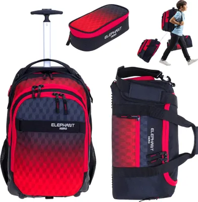 Produktbild von Schultrolley 3 Teile Set Elephant Hero Signature Trolley Rucksack Trolly Sporttasche Mäppchen Box Jungen Premium 12869 Red Cube (Rot Schwarz) tsmb
