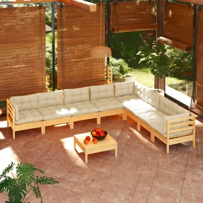 Produktbild von 9-tlg. Garten-Lounge-Set mit Creme Kissen Massivholz Kiefer , Gartenmöbel-Sets Design 2024
