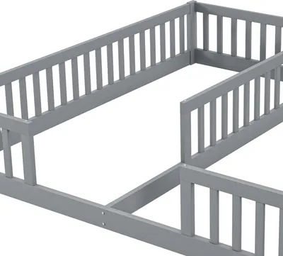 Produktbild von Flieks Kinderbett Einzelbett für 2 Kinder, Bodenbett 90x200cm * 2, Holzbett Spielbett ohne Lattenrost, Kinderbett mit Rausfallschutz, Grau