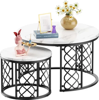 Produktbild von MODFU Couchtisch rund schwarz,2er set Sofatisch mit weiße Tischplatte,Wohnzimmertisch, Satztische, Beistelltisch für Schlafzimmer und Wohnzimmer