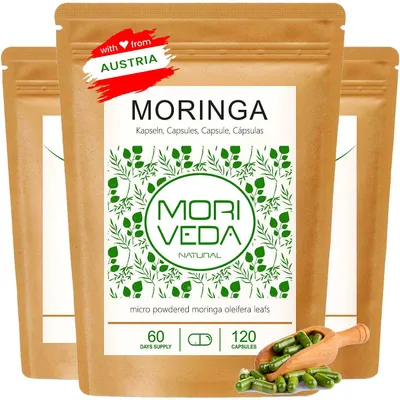 Produktbild von Moringa Kapseln I über 90 Nährstoffe, Proteine, Vitamine I Oleifera Blattpulver I vegan, laktose-, fruktose-, glutenfrei I 360 Stk. von Moriveda