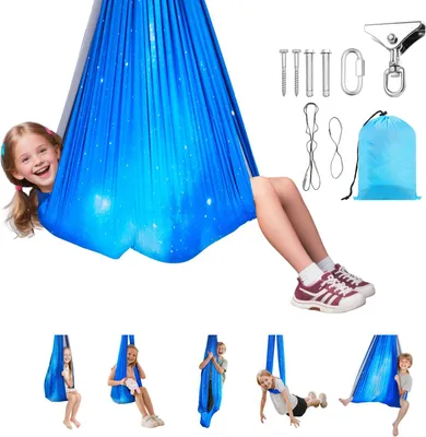 Produktbild von Aerial Yoga Hängematte - Yoga-Schaukel Set - Doppellagiger Stoff - 360° Drehwirbel - Mit O-Sling - Tragkraft 136 kg - Blau
