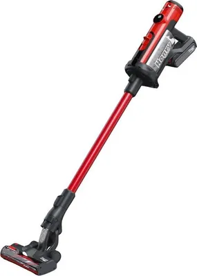 A red and silver cordless vacuum cleaner is shown against a white background.