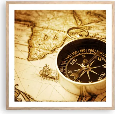 Produktbild von Gerahmtes Poster - Rahmen in heller Eiche - Kompass alt reisen Reise - 60x60 cm - Wand Bild - Wanddeko - Wandbilder - Wandposter - Bilderrahmen - Bilder - Kunstdruck - Wandbild - P2NAC60x60-2103